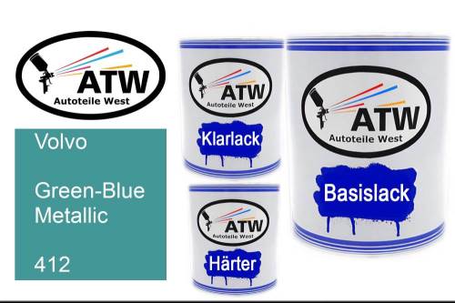 Volvo, Green-Blue Metallic, 412: 1L Lackdose + 1L Klarlack + 500ml Härter - Set, von ATW Autoteile West.